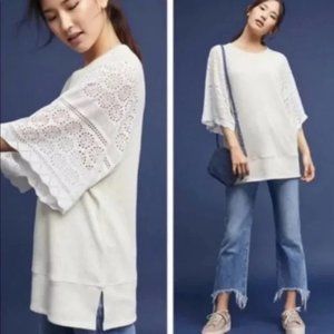 Anthropologie Akemi + Kin Knit Tunic Crochet Lace Sleeves Cream White Size Large